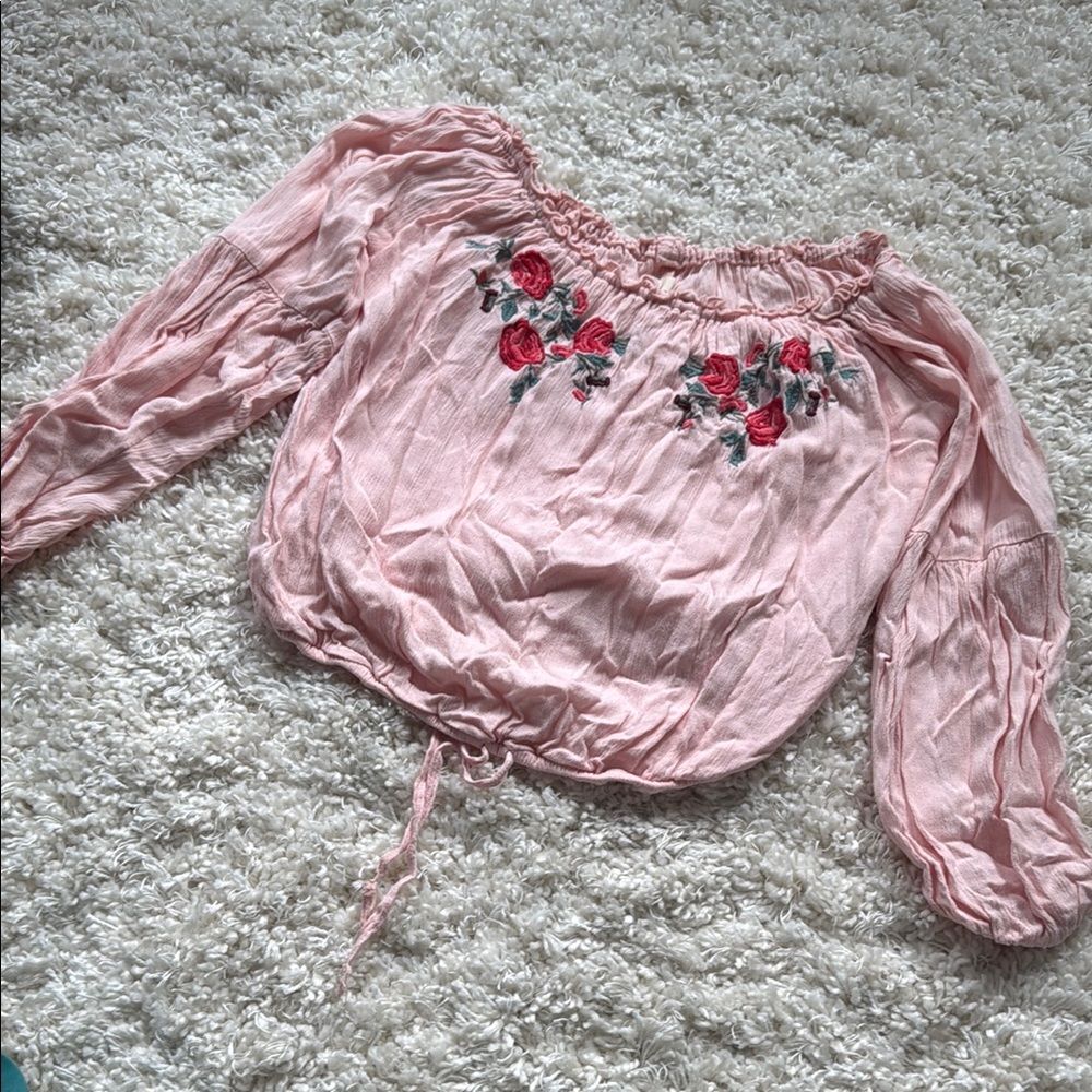 +HOLLISTER+ Pink Floral Embroidered Women's Top